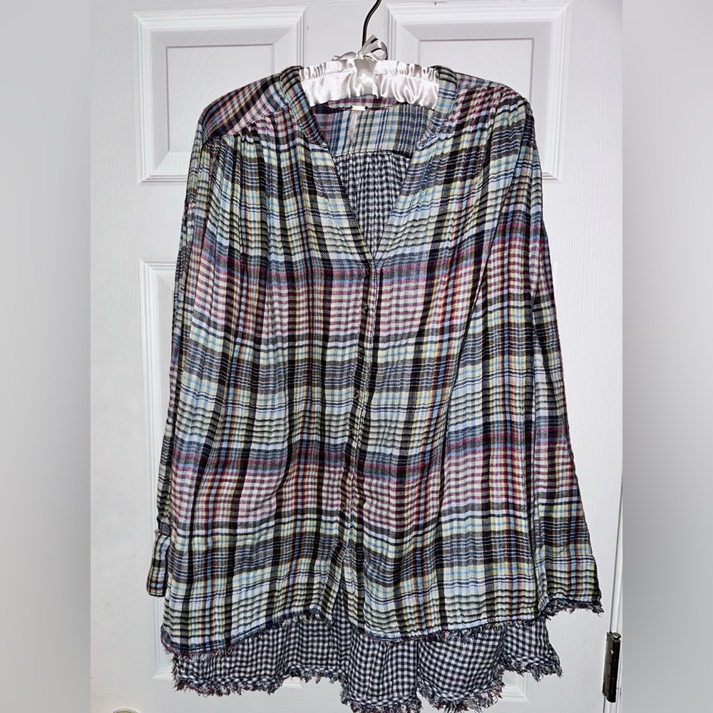 FREE PEOPLE❤️Come On Over, plaid oversized tunic, button down,raw hem,SZ XS,NWOT - Picture 10 of 10